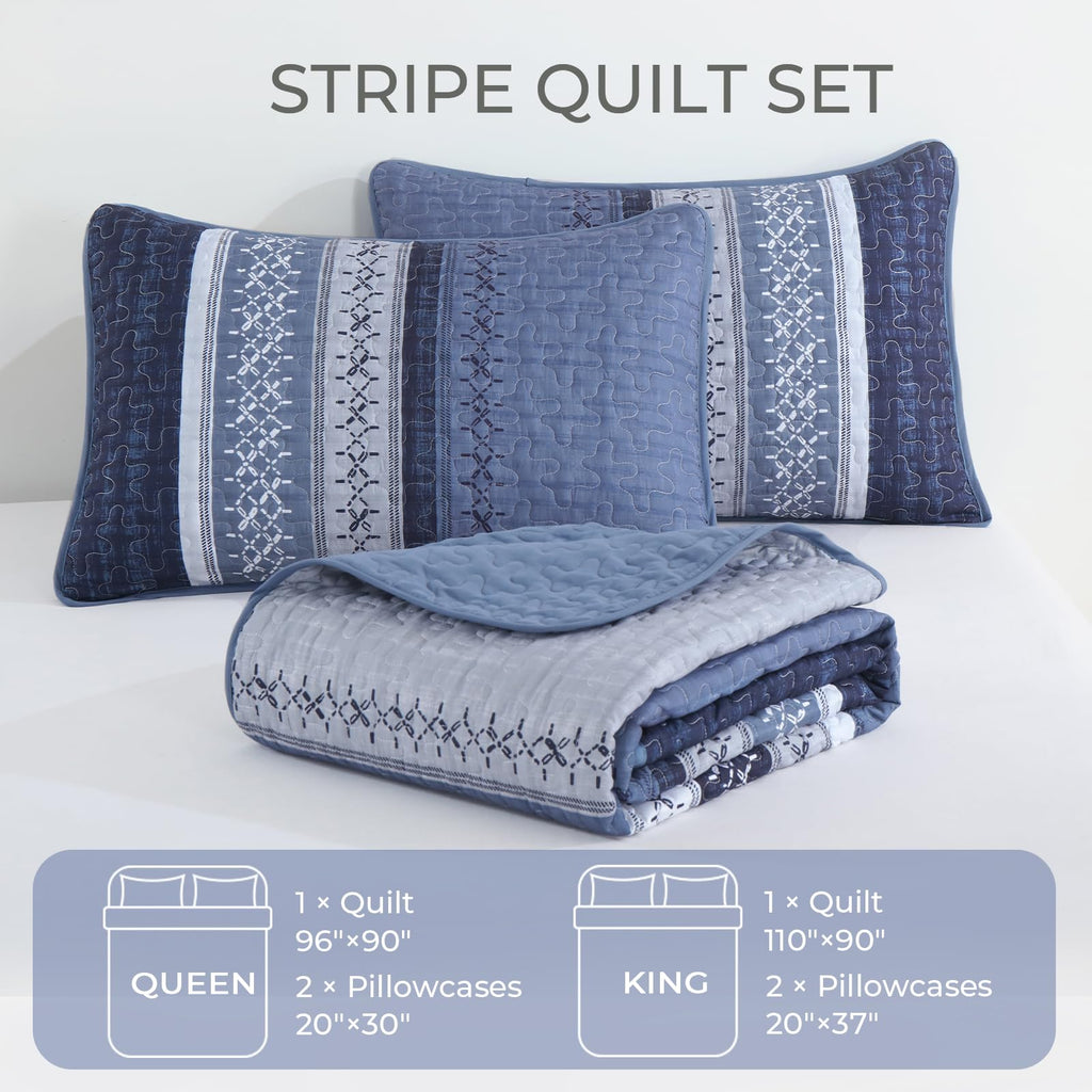 Quilt Bedding Set, Navy Blue Patchwork Striped Bedspread