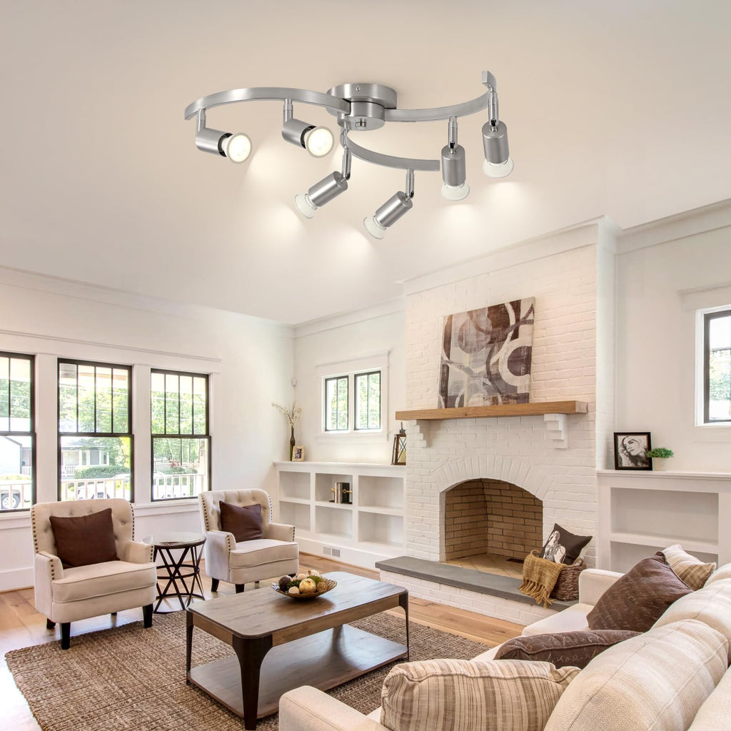 6 Light Track Lighting Fixtures Ceiling, Flexibly Rotatable Light Heads, Nickel Semi Flush Mount Ceiling Light Dining