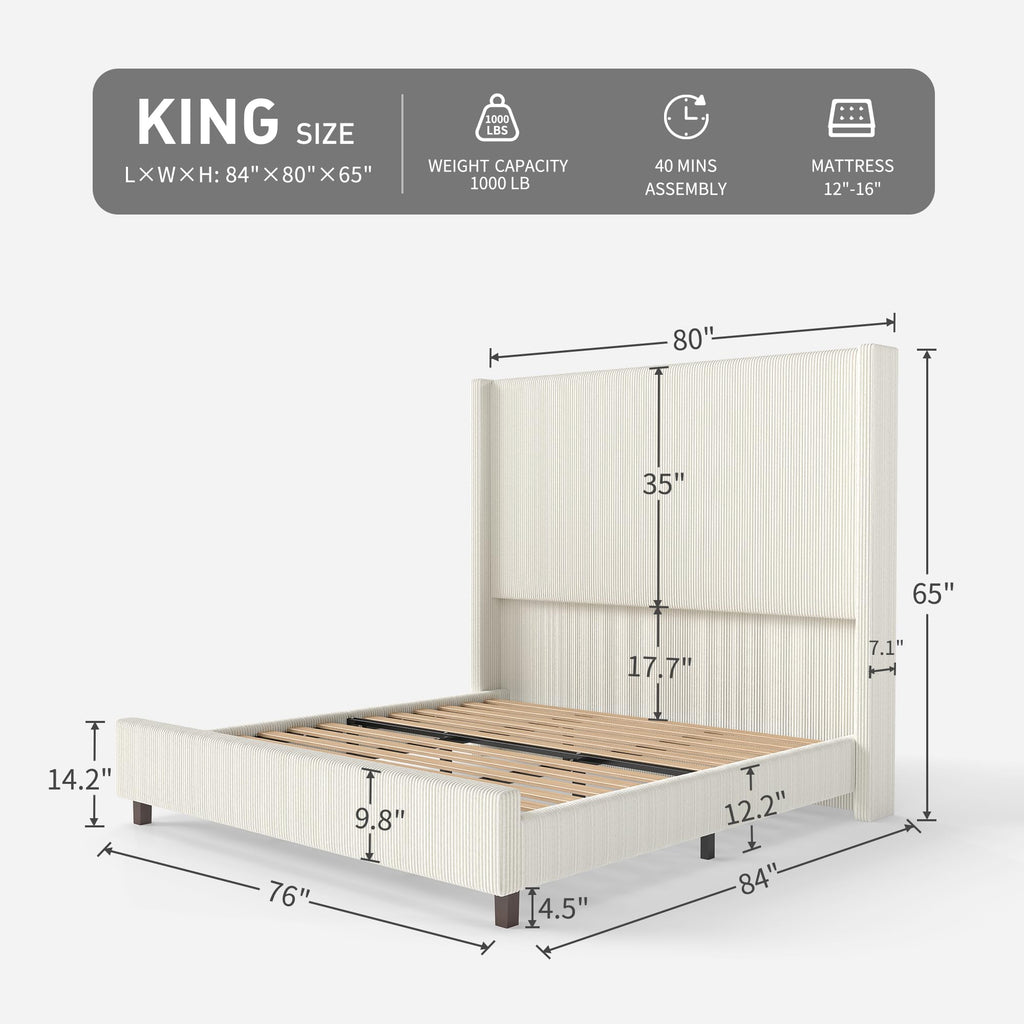 King Size 65" Upholstered Bed Frame with USB Charging Station, Soft Washable Corduroy Cover with Wingback Headboard