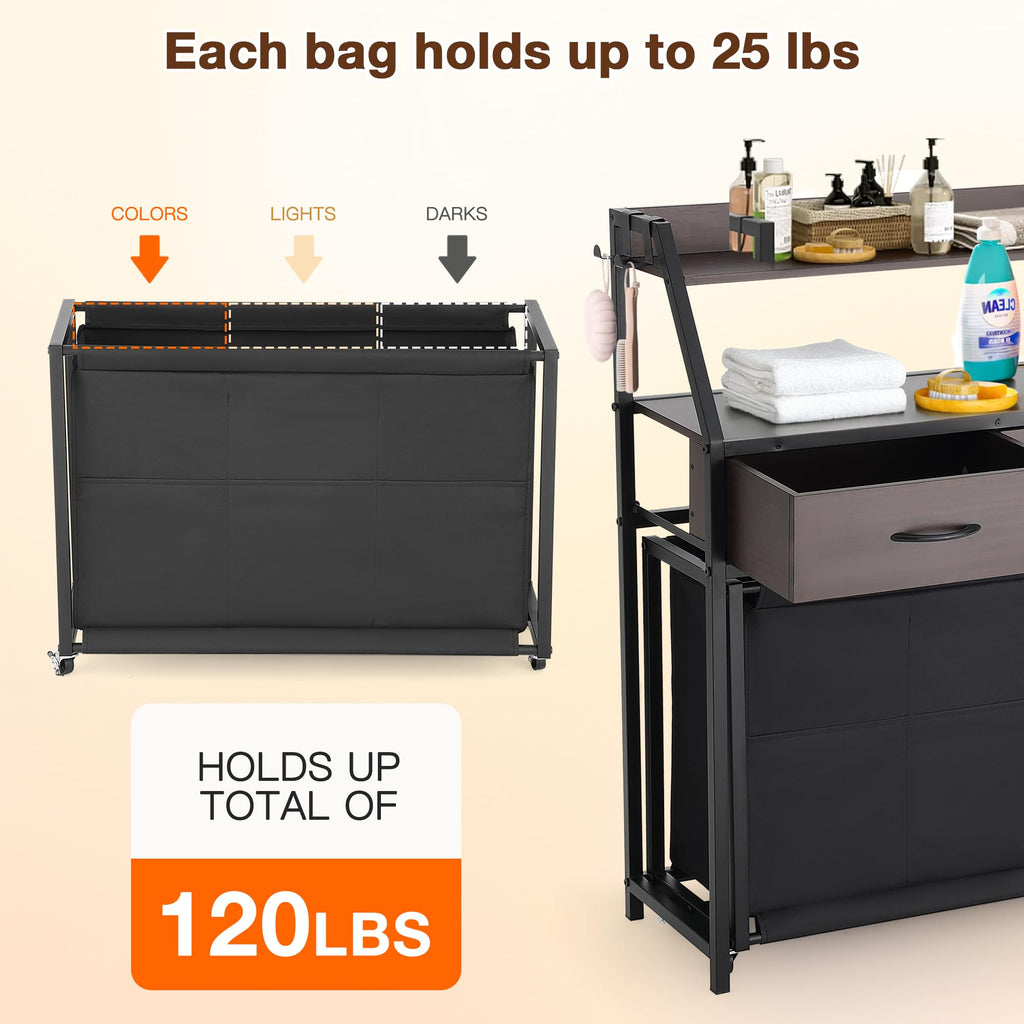 Laundry Hamper with Shelf, 2 Tier Rolling Laundry Hamper 3 section, Laundry Sorter Basket with Wheels, Pull-Out