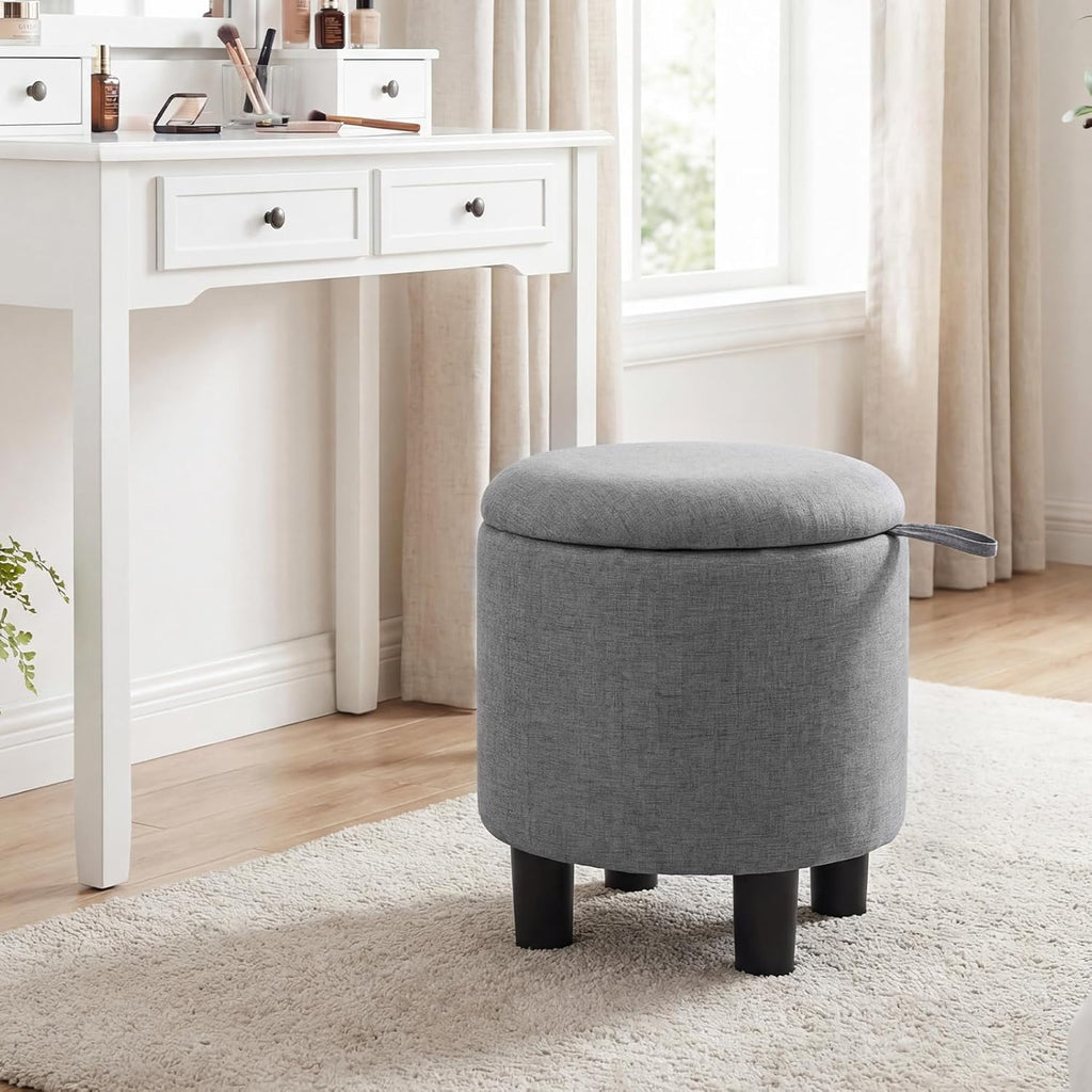 Linen Fabric Round Storage Ottoman with Removable Lid, Gray | Upholstered Ottoman Foot Rest, Small Ottoman Foot Stool