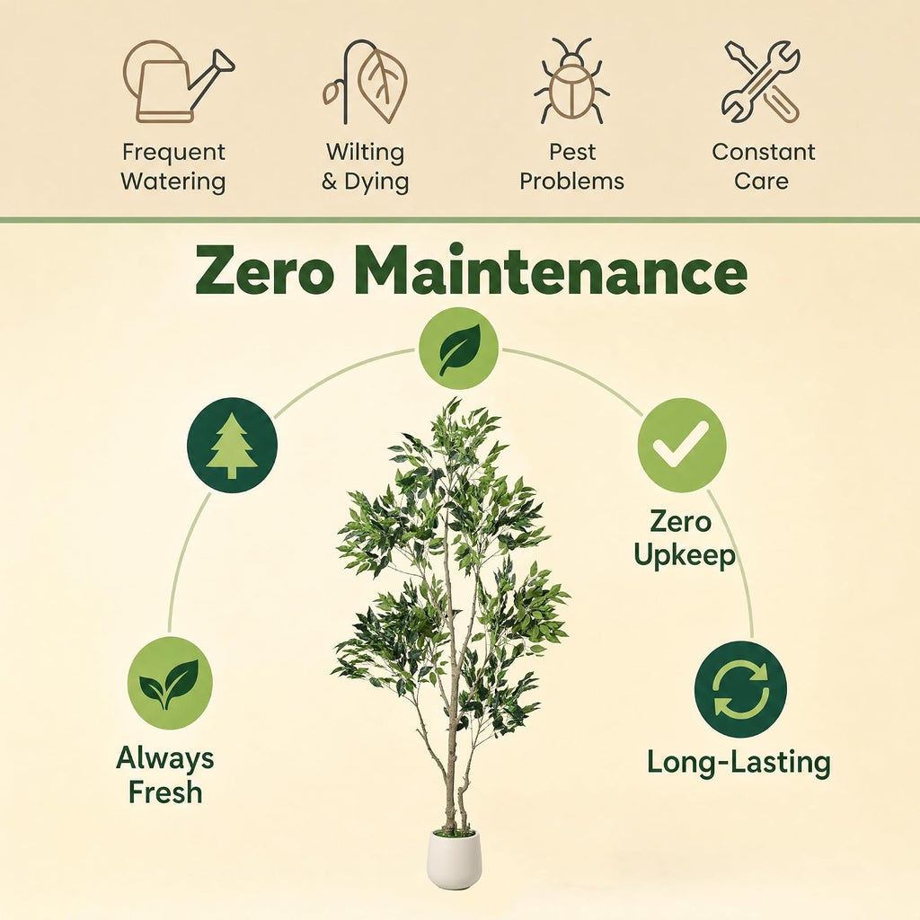 6FT Artificial Ficus Tree, Large Faux Fig Tree with Realistic Silk Leaves & Natural Wood Trunk, White Planter