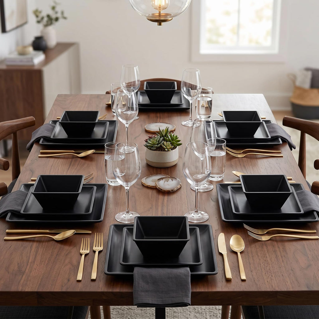 12 Piece Melamine Plates and Bowls Sets,Black Square Dinnerware Set for 4