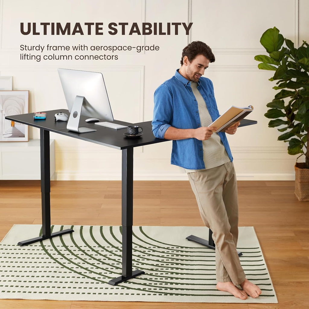 63′′ L Shaped Standing Desk Electric Adjustable Height, Black | Left & Right Interchangeable Installation, 4 Memory