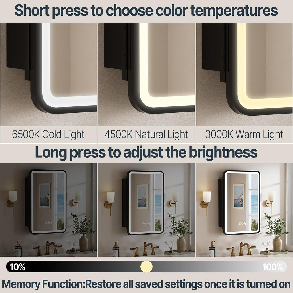 16x24 Inch Medicine Cabinet with Mirror and Lights , Black | Recessed or Surface Mount, Anti-Fog, Memory Function