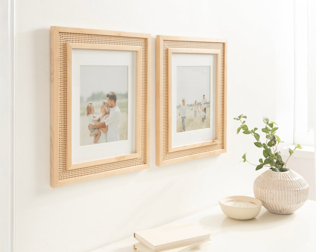 Corah Modern Faux Rattan Picture Frame Set of 2, 11 x 14 matted to 8 x 10, Natural, Boho Two-Piece Glass Photo Frame