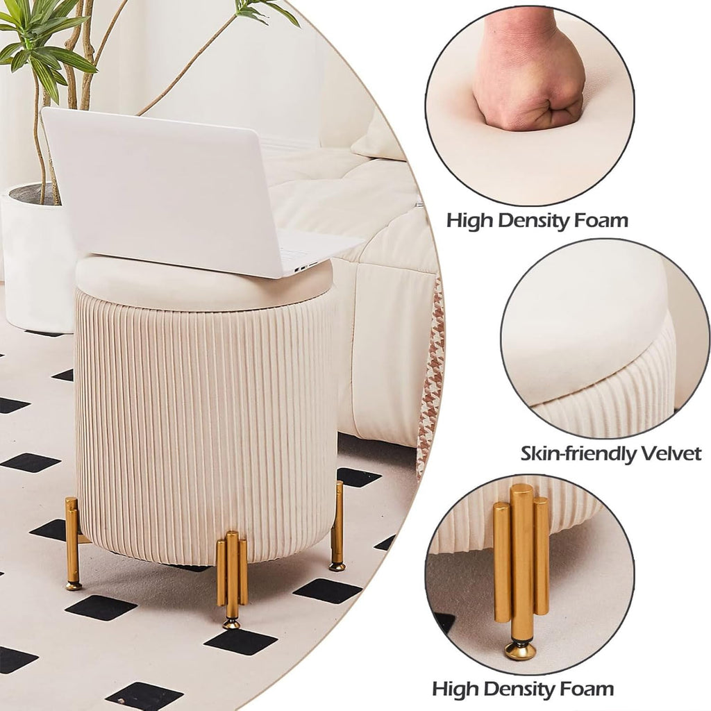 Round Ottoman Foot Stool with Storage and Metal Legs Bedroom, Velvet Upholstered Footrest Stool Support 300lbs Modern