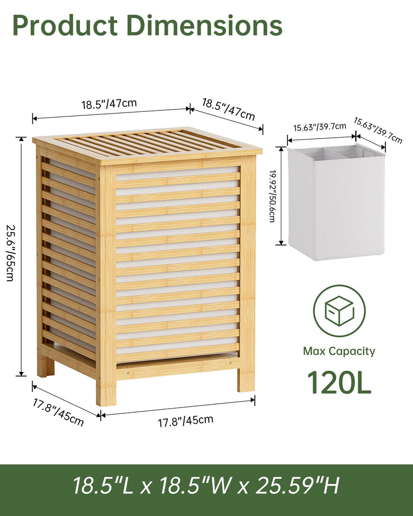 Double Laundry Hamper with Lid, 120L Bamboo Laundry Basket with Removable Liner Bag, 2-Section Clothes Divider