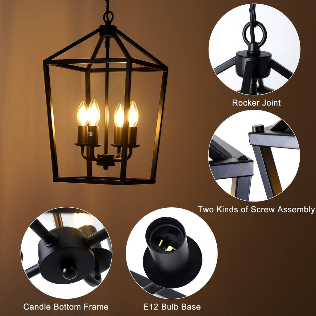 4-Light Black Farmhouse Chandelier Iron Lantern Pendant Light Rustic Cage Hanging Light Fixtures Industrial Foyer