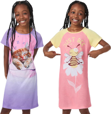 Kids Girls 2 Pack Nightgowns Pajamas Dress - Long or Short Sleeve
