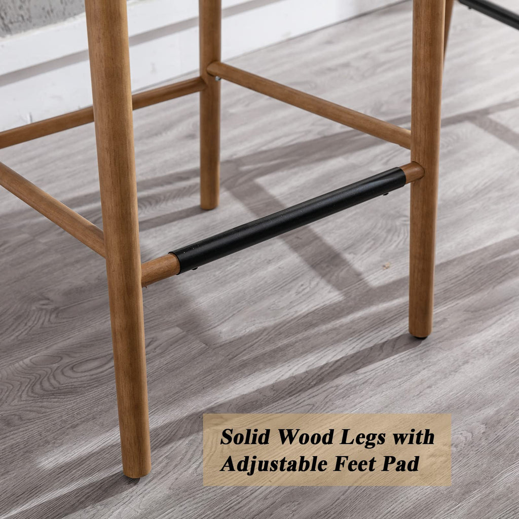 Modern Bar Stools Set of 2, 29 Inches Bar Height Barstools with Rattan Back, Linen Upholstered Kitchen Island Chair