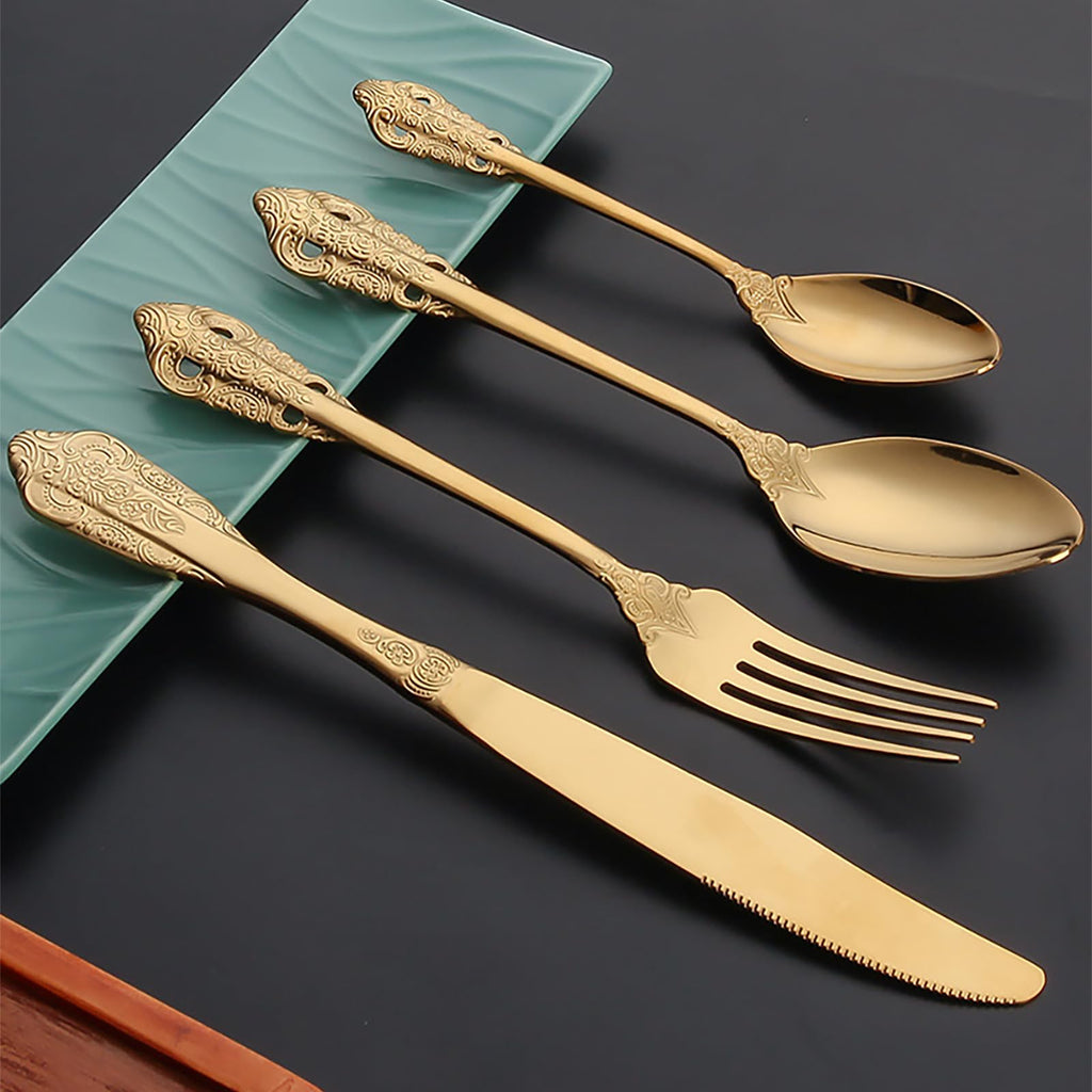 16-Piece Silver Gold Cutlery Set for 4, Two-Tone Silverware with Textured Handle, Modern Flatware with Knife, Fork