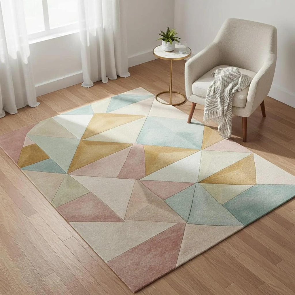 Modern Hand Tufted Wool Area Rug - Pastel Geometric Triangle Floor Carpet for Scandinavian Living Room, Bedroom