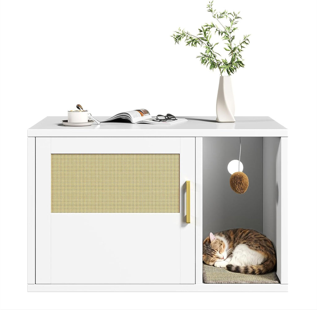 Cat Litter Box Enclosure Furniture - Hidden Cabinet with Odor Control & Scratching Pad, Wooden End Table Bedroom