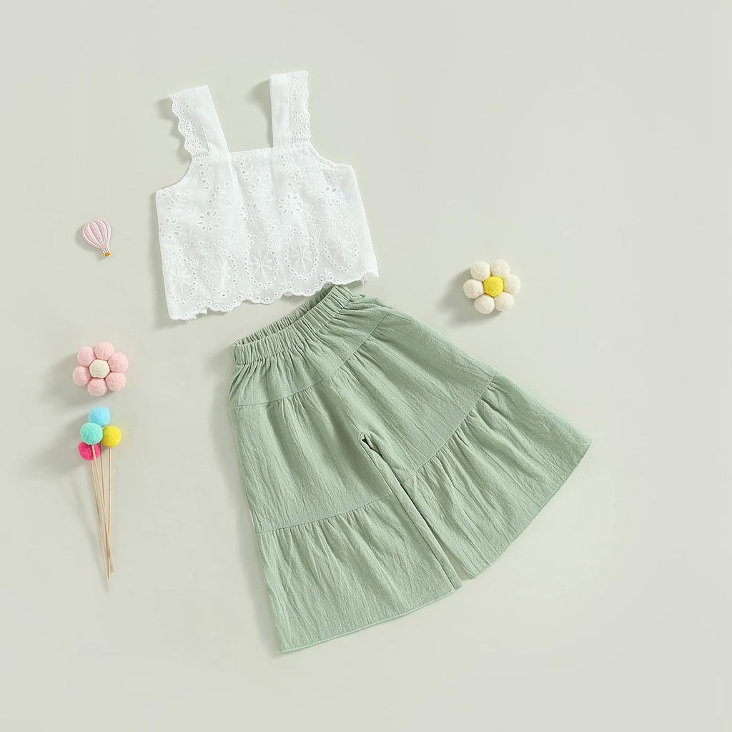 Toddler Baby Girls Summer Outfit Sleeveless Lace Trim Tank Tops and Wide Leg Pants Clothing Sets