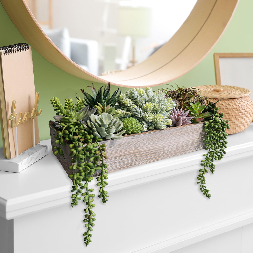 15" Artificial Succulents Plants Arrangement Fake Succulent Plants in Whitewashed Rectangular Wooden Planter Box Faux