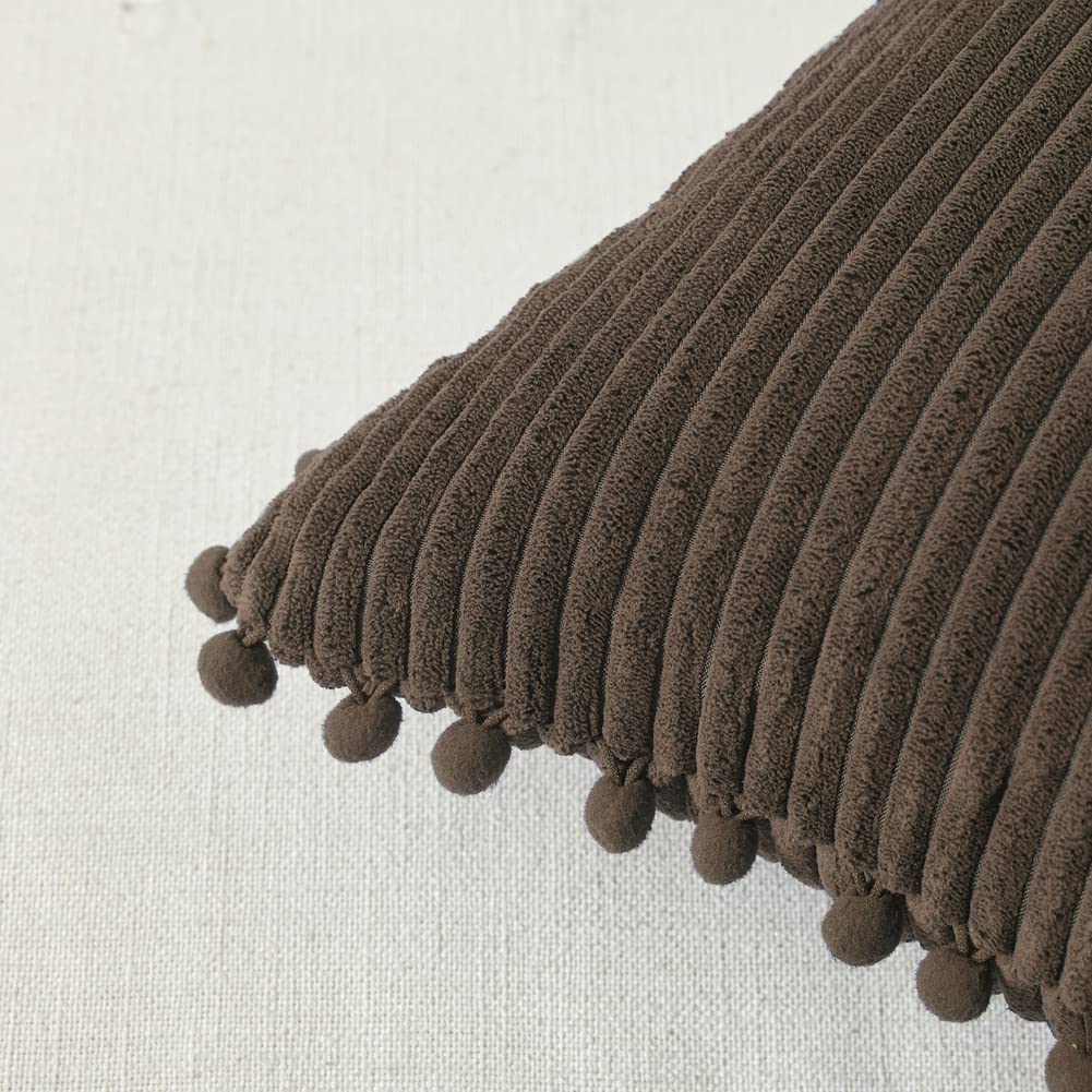 2 Pack Dark Brown Lumbar Decorative Throw Pillow Covers 12x20 Inch with Pom-poms for Couch Bedroom, Soft Corduroy