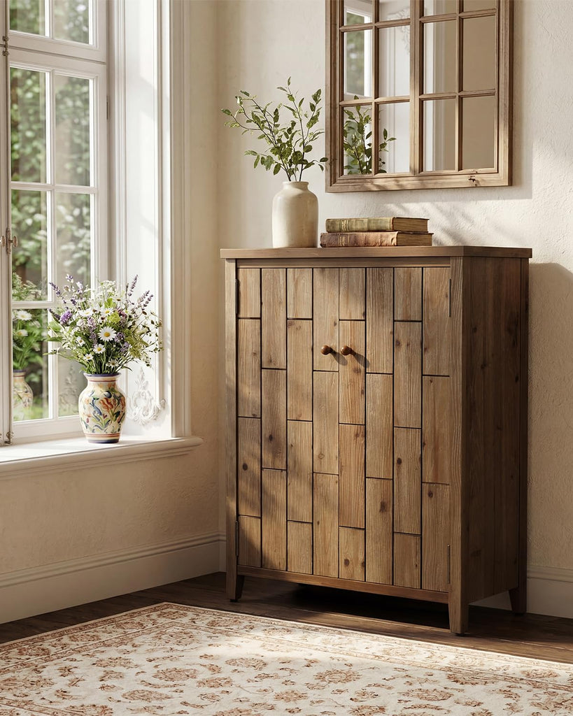 Solid Wood Shoe Cabinet with Doors, 6-Tier Tall Shoe Cabinet, Farmhouse Freestanding Shoe Storage with Adjustable