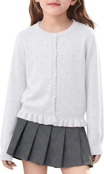Button Down Long Sleeve Uniform Sweater for Kids Hollow Out Ruffle Knit Sweater