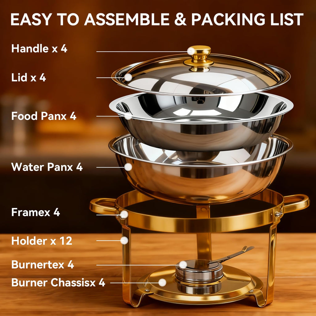 4-Pack Chafing Dish for Buffet Set, 6QT Round 304 Stainless Steel Complete Buffet Warmer - Includes Lids, Water Pans