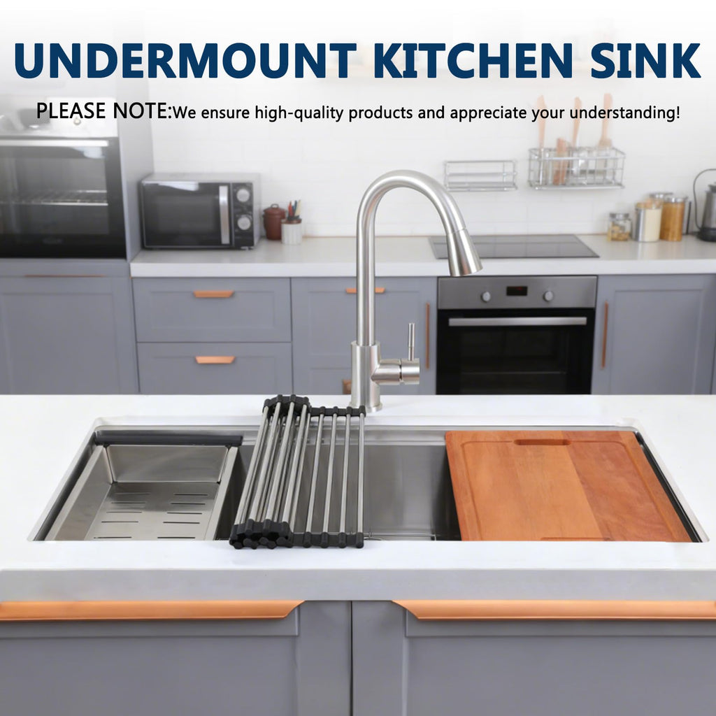 32 Inch Undermount Stainless Steel, 32" x 18" Single Bowl Undermount Workstation Sink, 16 Gauge Handmade