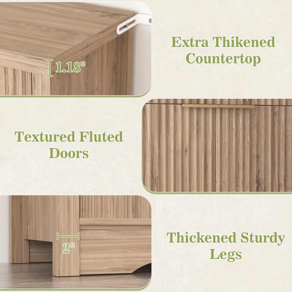 55" Fluted Sideboard Buffet Cabinet with Drawers, Natural Oak