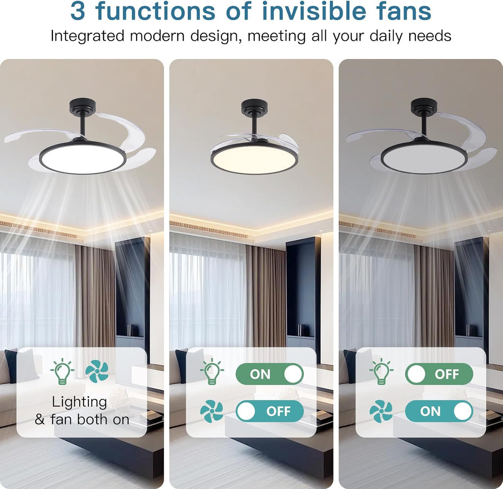 48'' Retractable Ceiling Fan with Remote Control,Bladeless Ceiling Fan with LED Lights,Stepless Full