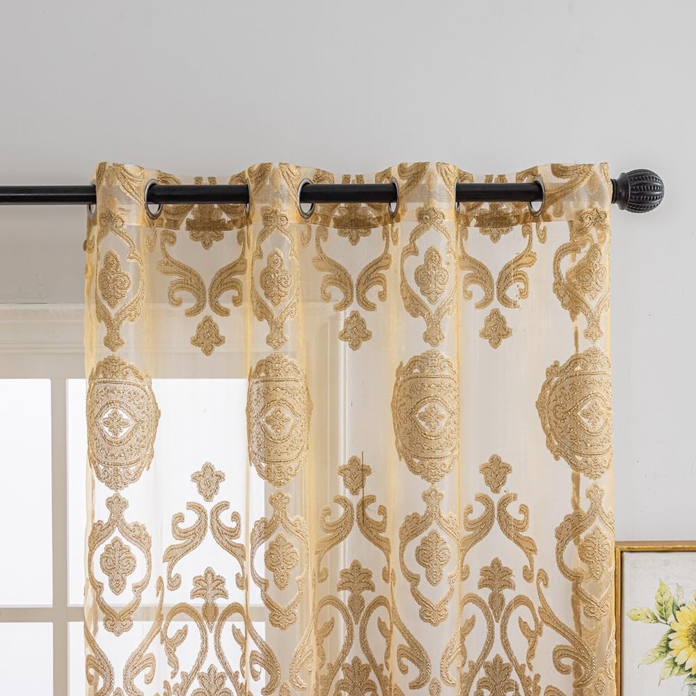 1 Pair Luxury European Sheer Curtains Hollow Embroidered Tulle Curtains Living Room (Gold,54x90 Inch)
