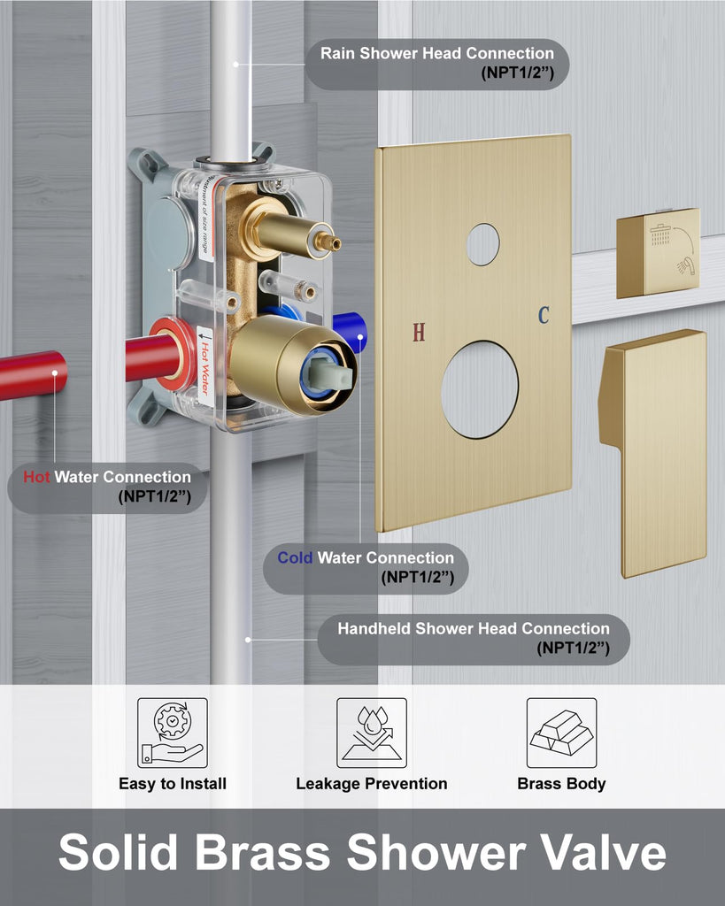 Shower System with Rain Head and Handheld,12-Inch,Brushed Gold