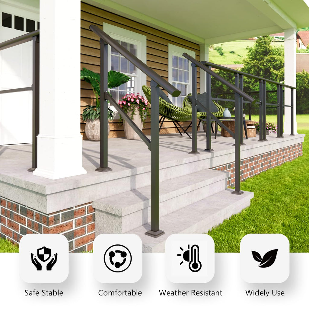 3 Step Handrail, Black Iron Stair Railing, Outdoor Indoor, 2 Pack