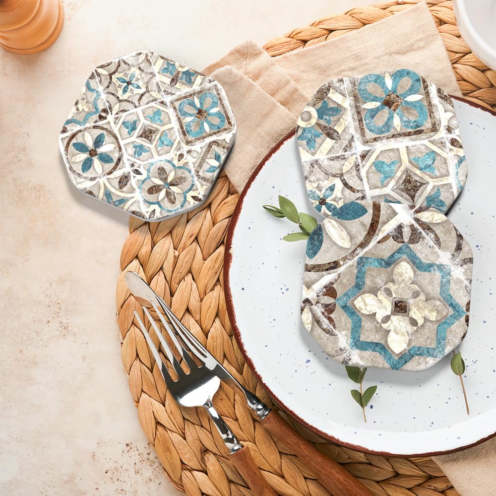 Absorbent Ceramic Stone Coasters Set of 6 with Holder, Vintage Tile