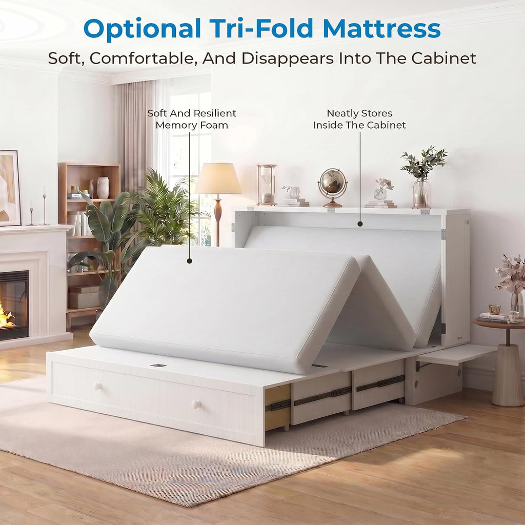 Murphy Bed Queen Cabinet Bed with Tri-fold Mattress and Built-in USB Charging, 2 Drawers, Bedside Panel, Hidden Guest