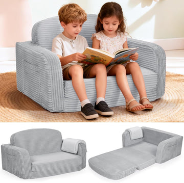 Extra Wide 2 in 1 Convertible Toddler Kids Couch - Corduroy Fold Out Kids Sofa Chair with Blanket, Comfy Comfortable