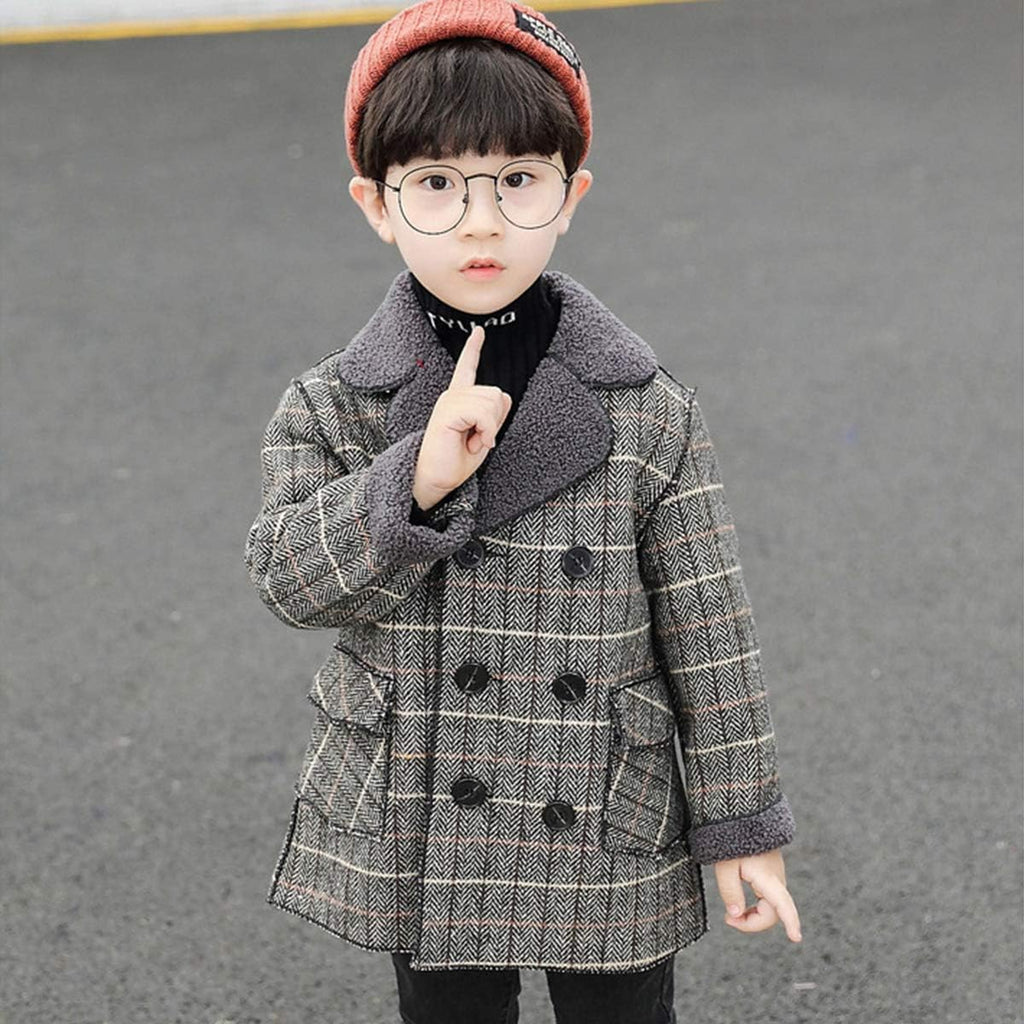 Boy's Pea Coat Faux Wool Double Breasted Trench Jacket Warm Plaid Peacoat