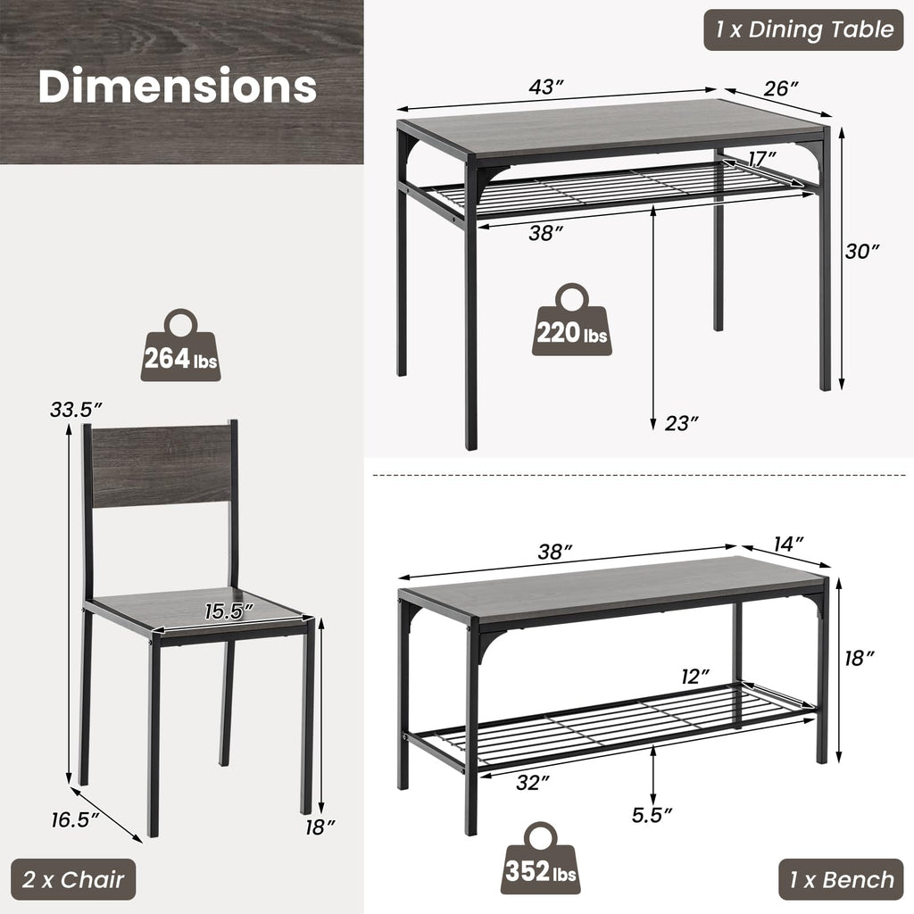 Dining Table Set for 4, Kitchen Table with Chairs & Bench, Storage Racks, Metal Frame, 4-Piece Space-Saving Dinette