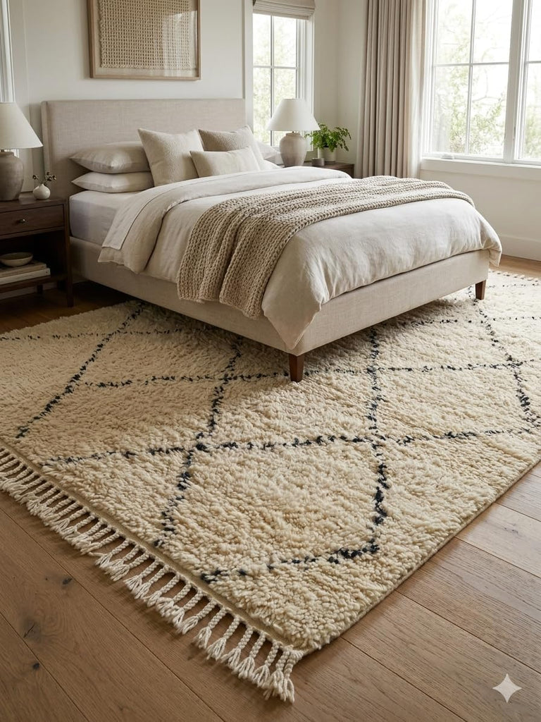 Wool Rug 5' x 7' - Handmade Berber Shag Area Rug, Beni Ourain Style, Ivory/Cream with Charcoal Ladder Diamond Pattern