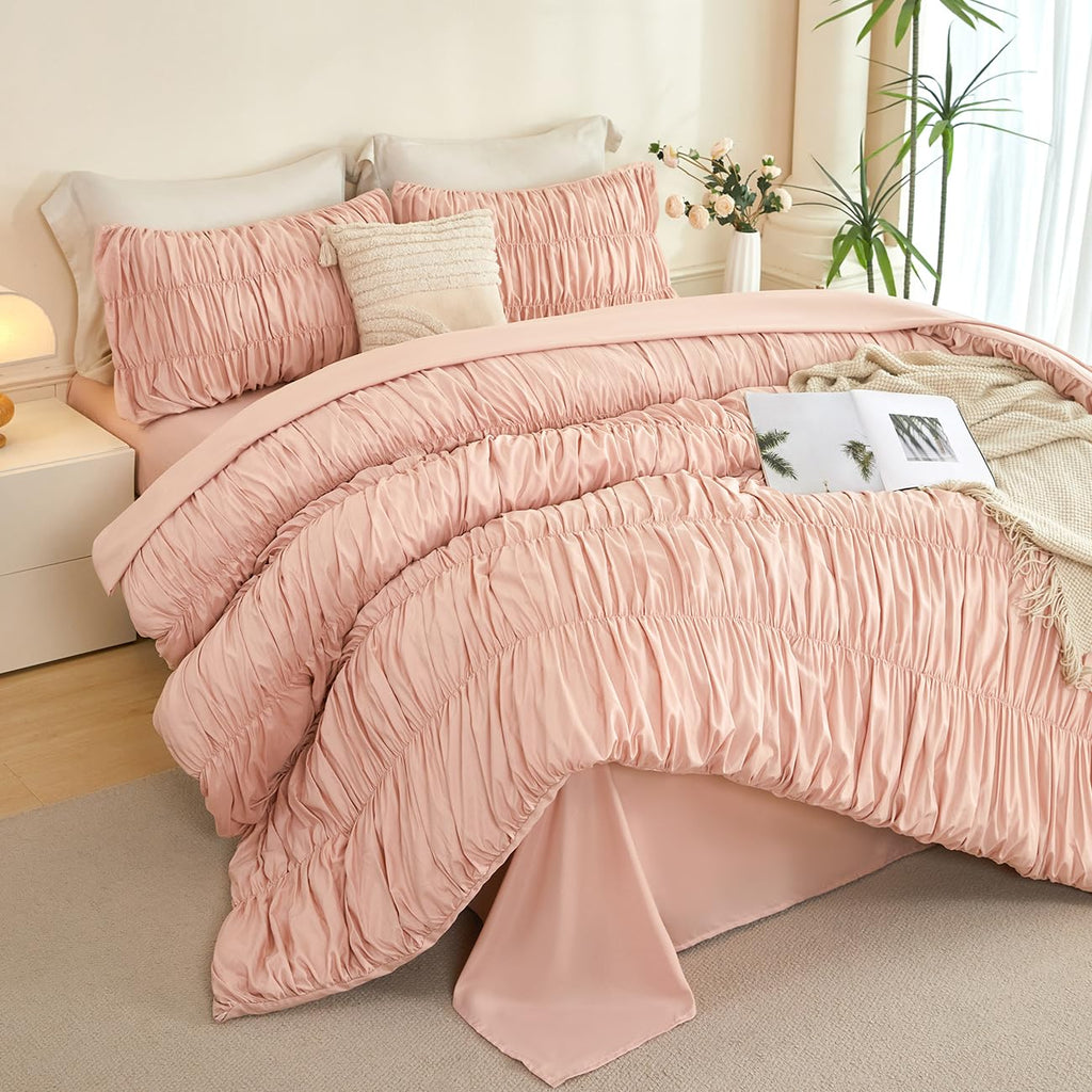 Blush Bed in a Bag 5-Piece Boho Ruched Bedding Comforter Set Soft Luxury Fluffy Pleated Textured Pink