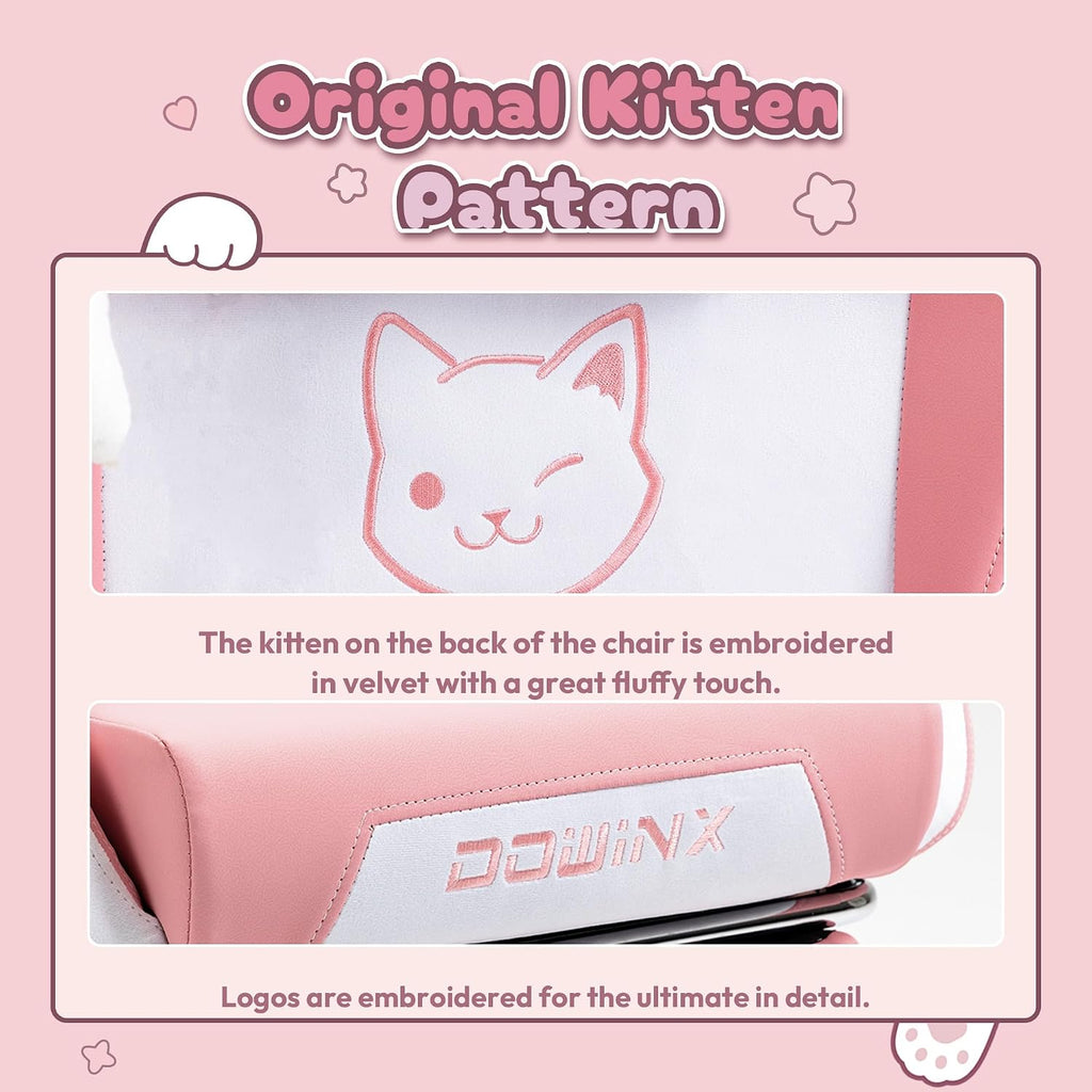 Pink Gaming Chair with Cat Ears and Massage Lumbar Support, Ergonomic Computer Chair with Footrest and Headrest