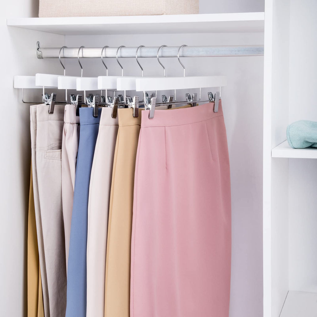 Deluxe Wooden Pants Hangers Solid Wood Bottom Jeans Hanger Skirt Hanger with 2-Adjustable Clips Pack of 20 (White)