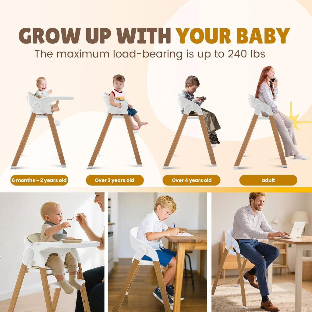 Convertible High Chairs for Babies & Toddlers. 5-in-1 Adjustable High Chair with Removable Tray, Easy to Clean