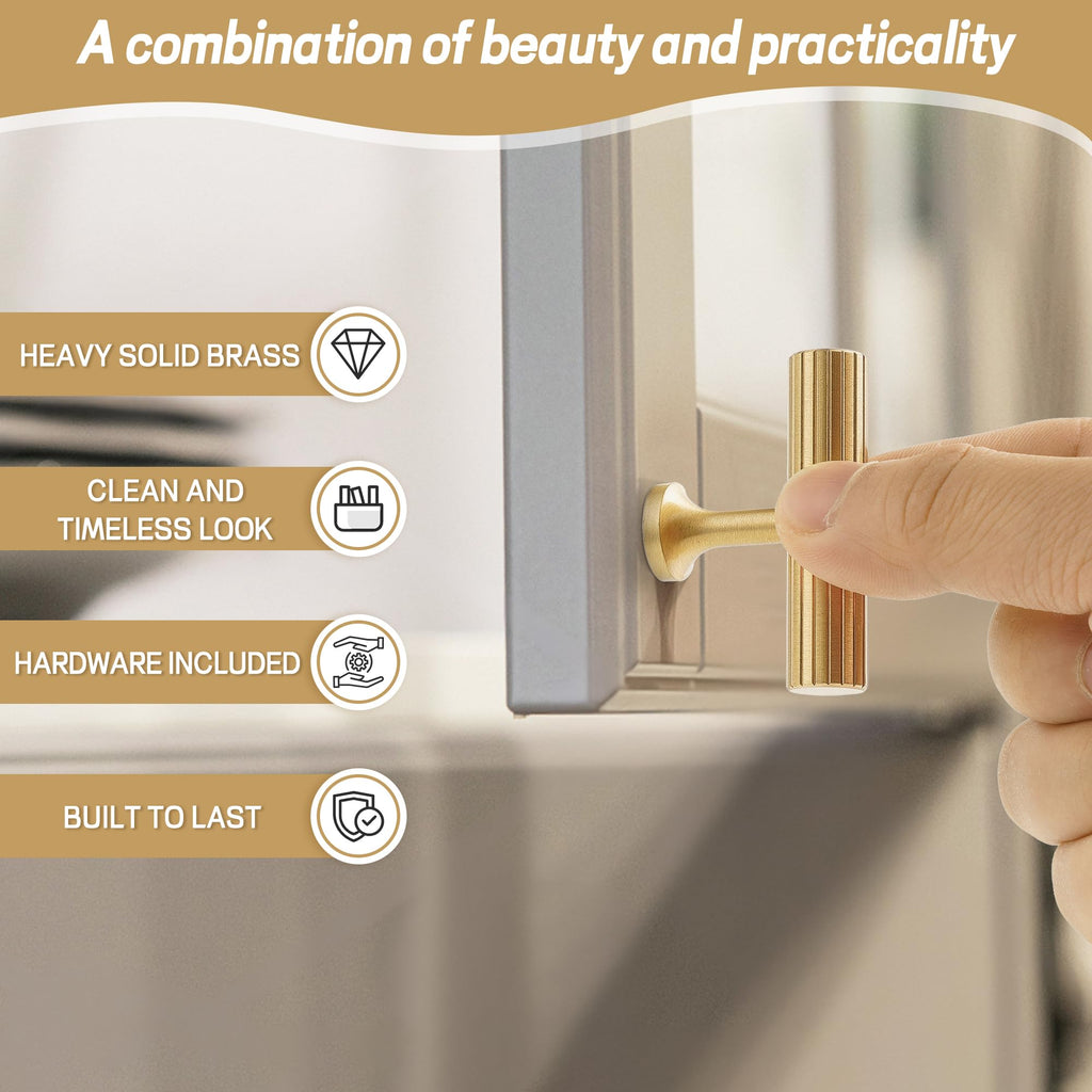 4pcs Solid Brass Gold Cabinet Pulls, Single Hole T Bar Handles, 2-Inch Total Length Cupboard Handles Modern Drawer