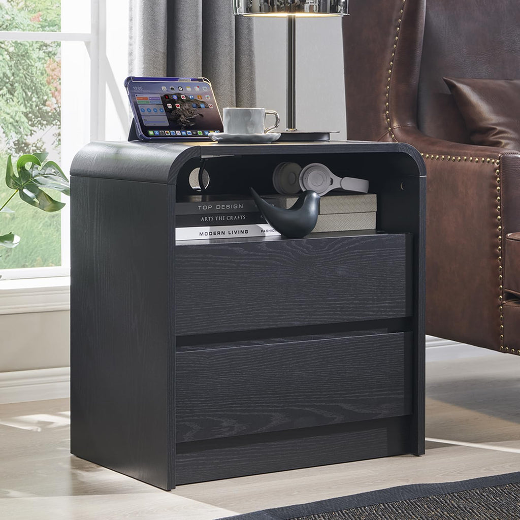 25" Tall Modern Nightstand Set of 2, Wood Bedside Table, Black