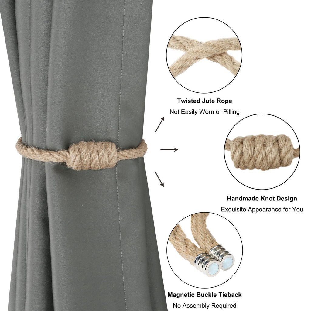 Magnetic Jute Curtain Tiebacks 2 Pack Hand-Woven Curtain Ties