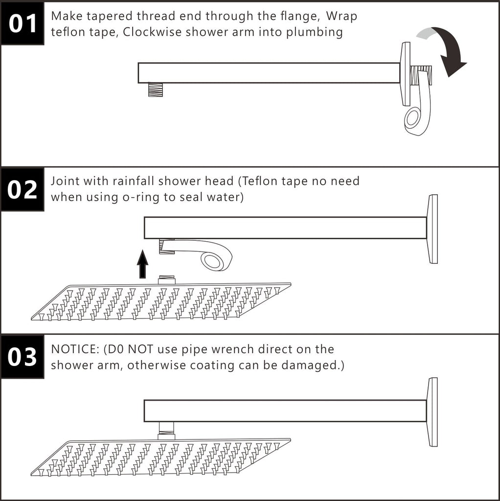 20" Square Shower Arm with Flange and Teflon Tape, Extension Shower Head Arm Fixed Shower Head, Solid Stainless