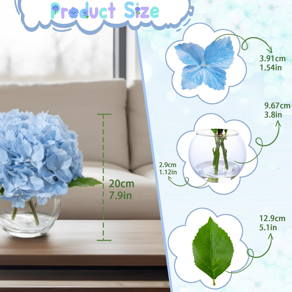 Blue Artificial in Glass Vase with Faux Water, 3 Stems Lifelike Fake Floral Arrangement, UV-Resistant Odorless
