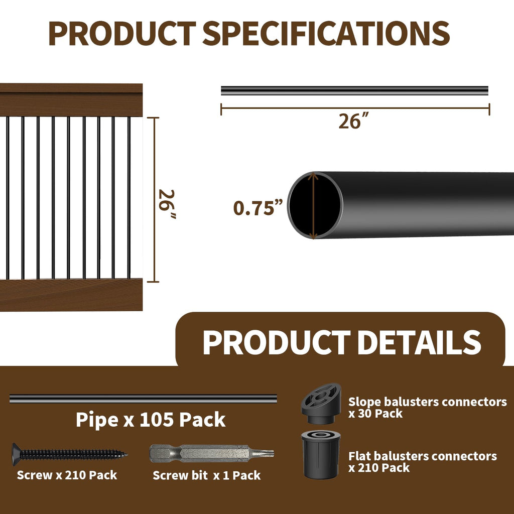 105 Pack 26" Aluminum Deck Balusters, 3/4" Round Deck Railing Spindles with Conectors and Screw, Hollow Metal Deck