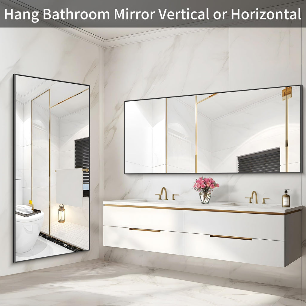 36x72inch Bathroom Mirror, Black Rectangle Mirror with Thin Metal Frame, Large Rectangular Wall Mirrors m, Hair