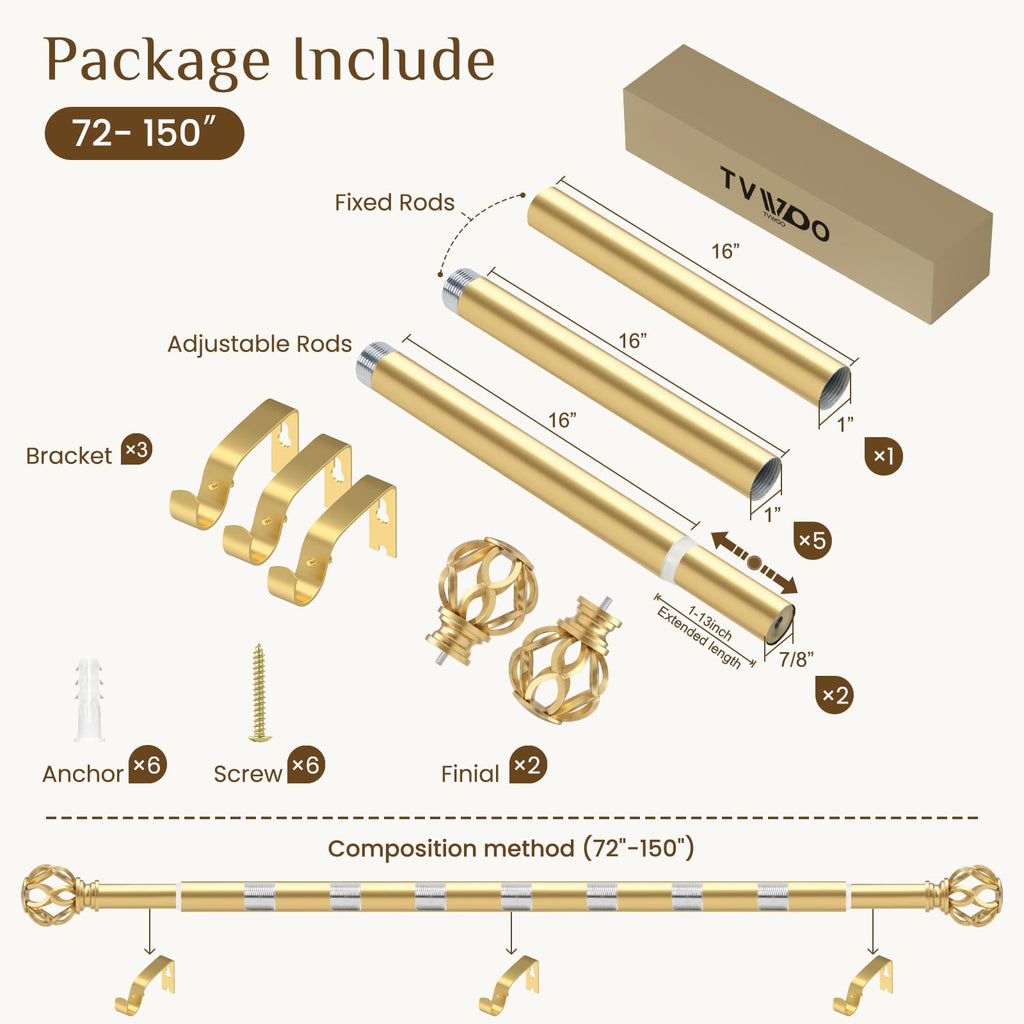 Gold Decorative Farmhouse Curtain Rods:72-144" Adjustable Heavy Duty Single Window Curtain Rod Living Room, Brass Gold