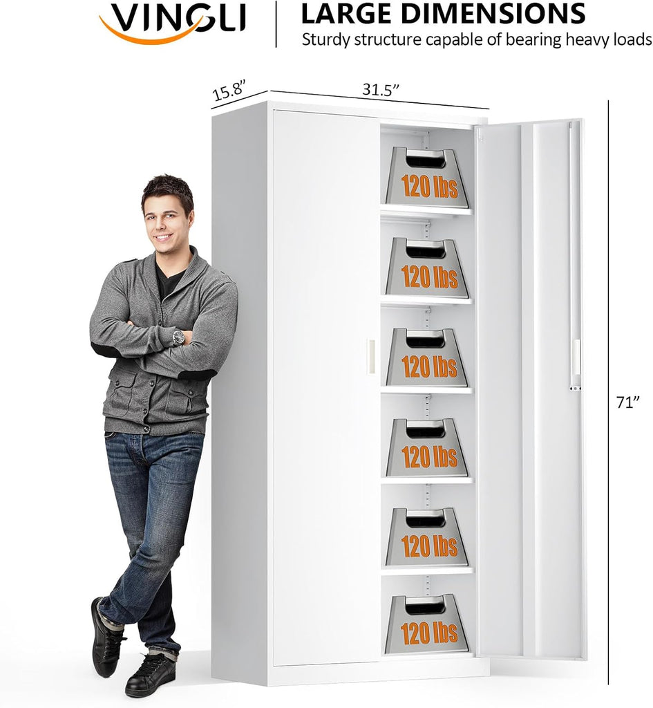 Metal Garage Storage Cabinet with 2 Doors and 5 Adjustable Shelves, 71" Tall Steel Lockable File Cabinet, Locking