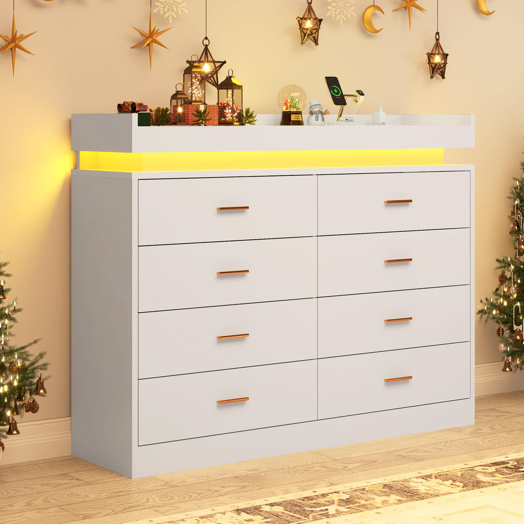 8 Drawer with Charging Station and LED Lights, Modern Chest of Drawers with Power Outlet, Organizer Cabinet, White